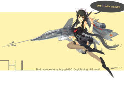 Rule 34 | 1girl, aircraft, airplane, black eyes, black hair, blush, chinese text, dress, hjl, j-20, jet, long hair, mecha musume, military, original, people&#039;s liberation army, people&#039;s liberation army air force, personification, solo, strapless, strapless dress, tattoo, thighhighs