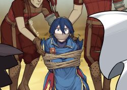 Rule 34 | 1girl, 2boys, arms behind back, bdsm, blue dress, blue eyes, blue hair, bondage, bound, cloth gag, commentary, commission, desert, dress, fire emblem, fire emblem awakening, gag, gagged, hair between eyes, hairband, hiomaika, improvised gag, long hair, looking at viewer, lucina (fire emblem), multiple boys, nintendo, outdoors, over the mouth gag, pants, paper, red pants, red shirt, rope, shirt, short sleeves, standing, upper body