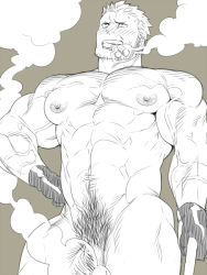 Rule 34 | 1boy, abs, alternate facial hair, bara, beard, blush, cigar, completely nude, cowboy shot, facial hair, flaccid, gloves, greyscale, groin, large pectorals, mabataki, male focus, male pubic hair, mature male, monochrome, muscular, muscular male, navel, navel hair, nipples, nude, one piece, out-of-frame censoring, pectorals, penis, penis peek, pubic hair, short hair, sideburns, smoke, smoker (one piece), smoking, solo, stomach, stubble, thick thighs, thighs, veins