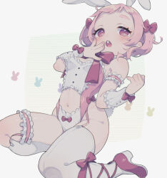 Rule 34 | 1girl, animal ears, arm strap, blush, bow, bow panties, breasts, buck teeth, eyelashes, fingernails, frilled straps, garter straps, kneeling, navel, open mouth, original, panties, pink eyes, pink hair, pink panties, rabbit ears, red bow, shifumame, shirt, small breasts, solo, teeth, thigh strap, thighhighs, underwear, white background, white shirt, white thighhighs