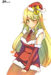 Rule 34 | 1girl, artist request, bad id, bad pixiv id, blonde hair, bow, brown pantyhose, christmas, cowboy shot, dated, elsword, green eyes, hat, karmaho, long hair, looking at viewer, necktie, one eye closed, pantyhose, pointy ears, red necktie, red skirt, rena erindel, santa hat, skirt, smile, solo, white background, yellow bow
