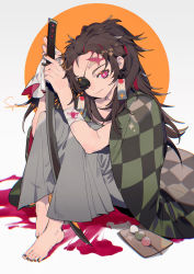 Rule 34 | 1boy, absurdres, bandaged wrist, bandages, barefoot, blood, blood on ground, bloody bandages, brown hair, brown nails, chinese commentary, circle, closed mouth, commentary request, dango, dated, earrings, eyepatch, food, grey background, grey pants, hakama, hakama pants, hands up, haori, highres, holding, holding cloth, holding sword, holding weapon, japanese clothes, jewelry, kamado tanjirou, katana, kimetsu no yaiba, long hair, looking at viewer, male focus, nail polish, one eye covered, orange background, pants, pink eyes, ponytail, sanshoku dango, scar, scar on face, scar on forehead, smile, solo, sword, taowu (20809), toenail polish, toenails, wagashi, weapon