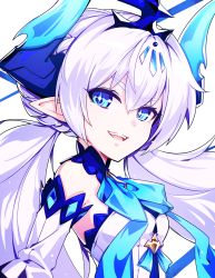 Rule 34 | 1girl, bad id, bad pixiv id, bare shoulders, blue eyes, elbow gloves, elsword, eyebrows, fangs, gloves, hair between eyes, horns, hwansang, long hair, looking at viewer, luciela r. sourcream, noblesse (elsword), open mouth, pointy ears, smile, solo, strapless, symbol-shaped pupils, upper body, white hair