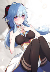 Rule 34 | 1girl, absurdres, ahoge, bare arms, bare shoulders, bell, black pantyhose, blue hair, blush, breasts, chunan0v0, ganyu (genshin impact), genshin impact, gold trim, hands on own chest, highres, horns, long hair, looking at viewer, lying, medium breasts, neck bell, no gloves, on back, pantyhose, petals in mouth, purple eyes, sidelocks, sleeveless, solo, thighlet, waist cape