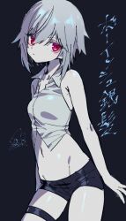 Rule 34 | 1girl, alternate hair length, alternate hairstyle, bare arms, bare shoulders, black shorts, breasts, collared shirt, commentary request, cowboy shot, expressionless, grey hair, highres, looking at viewer, mearylis (yamanasi mikage), micro shorts, navel, original, pale skin, red eyes, shirt, short hair, short shorts, shorts, sketch, sleeveless, sleeveless shirt, small breasts, solo, thigh strap, translation request, yamanasi mikage