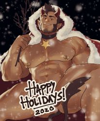 Rule 34 | 1boy, abs, ass, bara, bare pectorals, beard, black collar, black hair, censored, censored by text, christmas, collar, dark-skinned male, dark skin, demon boy, demon horns, earrings, english text, facial hair, feet out of frame, fur-trimmed jacket, fur trim, highres, horns, jacket, jewelry, large pectorals, male focus, mature male, muscular, muscular male, navel, navel hair, nipple piercing, nipple rings, nipples, nude, open clothes, open jacket, original, pectorals, penis, penis peek, piercing, red eyes, ruisselait, santa costume, short hair, sideburns, smile, snowing, solo, spiked hair, spread legs, stomach, tail, thick thighs, thighs
