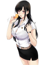 Rule 34 | 1girl, belt, black hair, black skirt, blush, breasts, buttons, cleavage, collarbone, food, highres, holding, holding food, naye (xter), open mouth, pixela project, red eyes, shirt, simple background, skirt, solo, umino ciala, virtual youtuber, watch, white background, white shirt, wristwatch, xter