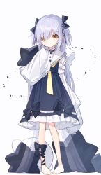 Rule 34 | 1girl, barefoot, black bow, black dress, bow, brown eyes, closed mouth, commentary request, dress, frilled dress, frills, full body, grey hair, hair bow, hair over one eye, juliet sleeves, long sleeves, looking at viewer, hugging object, original, pigeon-toed, pillow, pillow hug, puffy sleeves, sailor collar, see-through, simple background, sleeves past fingers, sleeves past wrists, solo, standing, star (symbol), star-shaped pillow, two side up, white background, white sailor collar, yuuhagi (amaretto-no-natsu)