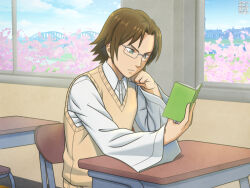 Rule 34 | 1boy, book, brown hair, cherry blossoms, classroom, desk, dress shirt, frown, gakuen basara, glasses, green eyes, long sleeves, looking at object, male focus, manojimerser, mouri motonari (sengoku basara), reading, school desk, sengoku basara, shirt, short hair, sitting, solo, sweater vest, upper body, v-shaped eyebrows, white shirt, wide sleeves, window