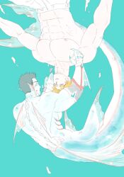 Rule 34 | 2boys, abs, ao isami, asphyxiation, back fin, bara, black hair, blonde hair, blue scales, closed eyes, couple, drowning, facial hair, fins, fle0423, highres, interspecies, large pectorals, lewis smith, limited palette, male focus, merman, monster boy, monsterification, multiple boys, muscular, muscular male, nipples, pectorals, rotational symmetry, sideburns stubble, sidepec, stubble, thick eyebrows, topless male, upside-down, yaoi, yuuki bakuhatsu bang bravern
