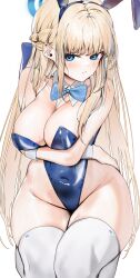 Rule 34 | 1girl, animal ears, bad anatomy, blonde hair, blue archive, blue eyes, blue leotard, bow, bowtie, breasts, detached collar, fake animal ears, halo, highres, large breasts, leotard, long hair, looking at viewer, official alternate costume, playboy bunny, poharo, rabbit ears, solo, strapless, strapless leotard, thighhighs, toki (blue archive), toki (bunny) (blue archive), very long hair, white thighhighs, wrist cuffs