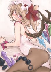 Rule 34 | 1girl, black pantyhose, blonde hair, blush, chain, chikado, collar, crying, crying with eyes open, crystal, dildo, fang, flandre scarlet, hair between eyes, hat, highres, leotard, long hair, mob cap, one side up, open mouth, pantyhose, red eyes, sex toy, solo, strapless, strapless leotard, tears, touhou, vibrator, white hat, white leotard, wings