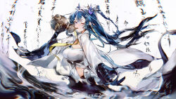 Rule 34 | 1girl, absurdres, arknights, blue eyes, blue hair, blush, braid, chinese text, coat, drinking, drunk, earrings, elbow gloves, floating hair, gloves, gourd, highres, holding, horns, jewelry, ling (arknights), long hair, long sleeves, looking at viewer, navel, necktie, nuez, one eye closed, open clothes, open coat, pointy ears, shorts, solo, tail, tassel, tassel earrings, very long hair, white coat, wide sleeves, yellow necktie