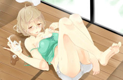 Rule 34 | 1girl, barefoot, blush, breasts, brown hair, cleavage, feet, glass, ice, legs, original, short hair, shorts, soles, solo, toes, water, wet, yellow eyes