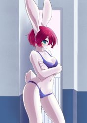Rule 34 | 1girl, animal ears, blue eyes, blush, body fur, breasts, rabbit, commentary, cowboy shot, crossed arms, english commentary, furry, furry female, large breasts, looking at viewer, looking to the side, original, pink hair, rabbit ears, rabbit girl, rabbit tail, short hair, snout, solo, tail, underwear, uno usaya, white fur
