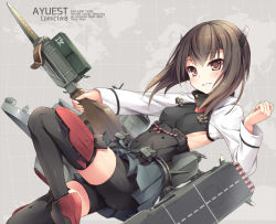 Rule 34 | 10s, 1girl, bankoku ayuya, bike shorts, bow (weapon), breasts, brown eyes, brown hair, crossbow, headband, headgear, kantai collection, looking at viewer, personification, short hair, sideboob, skirt, small breasts, smile, solo, taihou (kancolle), thighhighs, weapon