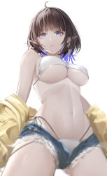 Rule 34 | 1girl, absurdres, ahoge, ann (enye5842), arknights, bare shoulders, bikini, black hair, blue eyes, blue hair, breasts, commentary request, cowboy shot, cutoffs, denim, denim shorts, eunectes (arknights), highres, jacket, large breasts, looking at viewer, multicolored hair, navel, off shoulder, parted lips, pointy ears, short hair, short shorts, shorts, simple background, solo, standing, stomach, swimsuit, thighs, white background, white bikini, yellow jacket