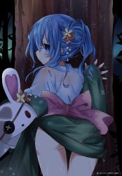 Rule 34 | 10s, 1girl, against tree, ass, blue eyes, blue hair, clothes lift, date a live, eyepatch, from behind, hair ornament, highres, japanese clothes, kimono, kimono lift, leaning on object, long hair, looking back, matching hair/eyes, official art, solo, stuffed animal, stuffed rabbit, stuffed toy, thigh gap, tree, tsunako, wet, wet clothes, yoshino (date a live), yoshinon, yukata