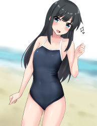 Rule 34 | 1girl, alternate costume, asashio (kancolle), bare legs, beach, black hair, black one-piece swimsuit, blue eyes, blue sky, collarbone, competition school swimsuit, covered navel, cowboy shot, day, flat chest, hair between eyes, horizon, kantai collection, long hair, ocean, one-piece swimsuit, open mouth, outdoors, sand, sasakura (calicchio), school swimsuit, sky, solo, swimsuit, thighs, water, white sky