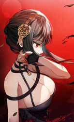 Rule 34 | 1girl, absurdres, black dress, black gloves, black hair, blood, blood on hands, breasts, brown flower, brown hairband, brown rose, cleavage, commentary request, dress, eyebrows hidden by hair, fingerless gloves, flower, from side, gloves, hair flower, hair ornament, hairband, hand up, highres, long hair, looking away, medium breasts, profile, red background, red eyes, rose, solo, spy x family, sugar (dndi888), upper body, yor briar