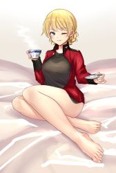 Rule 34 | 1girl, bare legs, bed sheet, black shirt, blonde hair, blue eyes, braid, breasts, closed mouth, commentary, cup, darjeeling (girls und panzer), epaulettes, feet, girls und panzer, highres, holding, holding cup, holding saucer, ichinose yuu, jacket, legs, light smile, long sleeves, looking at viewer, military, military jacket, military uniform, no pants, on bed, one eye closed, red jacket, saucer, shirt, short hair, sitting, smile, solo, st. gloriana&#039;s military uniform, steam, teacup, thighs, twin braids, uniform, yokozuwari