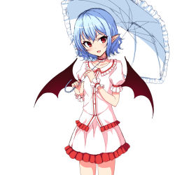 Rule 34 | 1girl, adapted costume, bat wings, blue hair, cowboy shot, fang, frilled shirt, frilled skirt, frills, hair between eyes, head tilt, holding, holding umbrella, junior27016, looking at viewer, miniskirt, no headwear, parasol, pink shirt, pink skirt, pointy ears, red eyes, remilia scarlet, shirt, short hair, simple background, sketch, skirt, smile, solo, touhou, umbrella, white background, wings, wrist cuffs