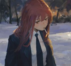 Rule 34 | 1girl, artist name, black jacket, black necktie, blouse, blurry, blurry background, chainsaw man, cigarette, collared shirt, commentary, dated, day, hair down, highres, jacket, long hair, makima (chainsaw man), necktie, orange eyes, outdoors, red hair, shirt, smoking, snow, solo, suit jacket, tree, upper body, white shirt, xilmo