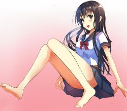 Rule 34 | 1girl, bad id, bad twitter id, barefoot, brown eyes, convenient leg, gradient background, long hair, looking at viewer, mouse (frankhell), open mouth, original, planbdawa, school uniform, serafuku, solo