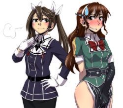 Rule 34 | 2girls, alternate costume, ashigara (kancolle), ashigara (kancolle) (cosplay), belt, black gloves, blush, breasts, brown eyes, brown hair, buttons, cosplay, costume switch, elbow gloves, fake horns, gloves, hair between eyes, hair ribbon, hairband, hand on own hip, horned headwear, horns, jacket, kamotama, kantai collection, long hair, long sleeves, looking at viewer, looking to the side, medium breasts, multiple girls, pelvic curtain, remodel (kantai collection), ribbon, side slit, simple background, single elbow glove, single glove, skirt, skirt tug, smile, sweatdrop, thighs, tone (kancolle), tone (kantai collection) (cosplay), twintails, uniform, wavy hair, white background, white gloves