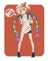 Rule 34 | 1girl, alternate costume, backpack, bag, black footwear, blonde hair, casual, cireng-kun, crystal, english text, fang, fang out, flandre scarlet, hat, hat ribbon, highres, long sleeves, looking at viewer, mob cap, red eyes, red ribbon, ribbon, shirt, shoes, shorts, side ponytail, simple background, smile, solo, speech bubble, striped clothes, striped shirt, touhou, wings