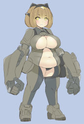 Rule 34 | 1girl, belly, bracer phoenix, breasts, brown hair, cleavage, cleavage cutout, clothing cutout, full body, jaeger (pacific rim), large breasts, legendary pictures, looking at viewer, mecha musume, mechanical arms, naik, navel, pacific rim, pacific rim uprising, pan pacific defense corps, parted lips, plump, short hair, solo, standing, yellow eyes