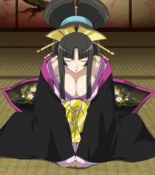 Rule 34 | 1girl, black hair, breasts, cleavage, dogeza, female focus, highres, indoors, large breasts, long hair, oiran, queen&#039;s blade, screencap, solo, tomoe (queen&#039;s blade)