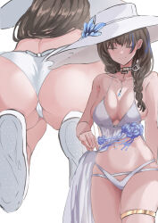 Rule 34 | 1girl, absurdres, ass, bikini, black choker, black hair, blue hair, breasts, choker, cleavage, closed mouth, collarbone, dress, earrings, from below, goddess of victory: nikke, hat, highres, holding, holding clothes, jewelry, large breasts, large hat, long hair, mary (bay goddess) (nikke), mary (nikke), multicolored hair, multiple views, navel, official alternate costume, purple eyes, sideboob, squatting, stomach, streaked hair, sun hat, swimsuit, thighs, white bikini, white dress, white headwear, yoshi-j