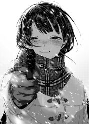 Rule 34 | 1girl, aiming, aiming at viewer, azuma kurumi, blush, coat, enpera, finger on trigger, greyscale, gun, half-closed eyes, hand up, handgun, hashtag-only commentary, highres, holding, holding gun, holding weapon, long hair, long sleeves, monochrome, motion blur, nijisanji, outstretched arm, plaid, plaid scarf, scarf, simple background, smile, snowing, tsukino mito, virtual youtuber, weapon, winter