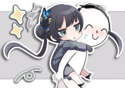 Rule 34 | 1boy, 1girl, ^ ^, doodle sensei (blue archive), black coat, black footwear, black gloves, black hair, blue archive, blush, butterfly hair ornament, carrying, chibi, closed eyes, coat, gloves, grey eyes, hair bun, hair ornament, halo, high heels, highres, kisaki (blue archive), long hair, long sleeves, parted lips, piggyback, sensei (blue archive), simple background, smile, sparkle, striped, striped coat, sweat, twintails, two-tone background, very long hair, yucha (y0104)