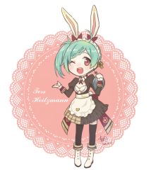 Rule 34 | 1girl, animal ears, apron, aqua hair, artist name, atelier (series), atelier sophie, boots, bow, braid, braided bangs, character name, chibi, dated, female focus, leyin, long hair, maid apron, maid headdress, one eye closed, open mouth, rabbit ears, red eyes, side ponytail, simple background, solo, tess heitzmann, thighhighs, white background