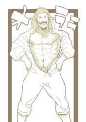 Rule 34 | 1boy, abs, bara, cowboy shot, facial hair, fate/grand order, fate (series), goatee, greyscale, hands on own hips, highres, koryuu (gackter10), large pectorals, long sideburns, long sleeves, looking at viewer, male focus, male pubic hair, manly, monochrome, muscular, naked sweater, napoleon bonaparte (fate), navel, open clothes, pectorals, pubic hair, scar, sideburns, sketch, smile, solo, sweater