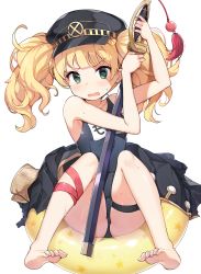 Rule 34 | 1girl, arms up, barefoot, black hat, black jacket, black one-piece swimsuit, blonde hair, blush, breasts, commentary request, full body, green eyes, hat, highres, holding, holding sword, holding weapon, innertube, jacket, jehyun, long hair, looking at viewer, military hat, monika weisswind, name tag, old school swimsuit, one-piece swimsuit, open mouth, peaked cap, princess connect!, saber (weapon), school swimsuit, sheath, sheathed, simple background, skindentation, small breasts, soles, solo, swim ring, swimsuit, sword, thigh strap, toes, twintails, unworn jacket, v-shaped eyebrows, weapon, white background
