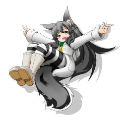 Rule 34 | 1girl, animal ears, black eyes, black hair, boots, coat, fang, fox ears, fox tail, karaage (ta-na), long hair, open mouth, original, outstretched arms, pantyhose, pointing, shadow, sidelocks, solo, striped clothes, striped pantyhose, tail
