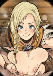 Rule 34 | 1boy, 1girl, bianca (dq5), blonde hair, blue eyes, braid, breasts, breasts out, butcha-u, commentary request, deep skin, dragon quest, dragon quest v, hair over shoulder, heavy breathing, hetero, highres, jewelry, large breasts, licking lips, medium hair, naughty face, nipples, paizuri, pauldrons, pov, ring, shoulder armor, single braid, single pauldron, solo focus, square enix, sweat, tongue, tongue out