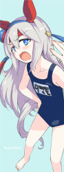 Rule 34 | 1girl, animal ears, blue background, blue eyes, blue one-piece swimsuit, collarbone, ear covers, fang, feet, flat chest, grey hair, grey tail, hamao, highres, horse ears, horse girl, long hair, looking at viewer, one-piece swimsuit, open mouth, school swimsuit, solo, swimsuit, tamamo cross (umamusume), umamusume