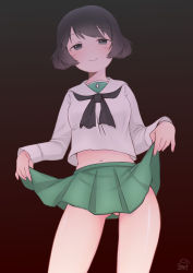 Rule 34 | 1girl, absurdres, black eyes, black hair, black neckerchief, blouse, blush, closed mouth, clothes lift, commentary request, cowboy shot, girls und panzer, green skirt, half-closed eyes, highres, itsumip, lifted by self, long sleeves, looking at viewer, midriff, miniskirt, navel, neckerchief, no panties, ooarai school uniform, pleated skirt, sailor collar, school uniform, serafuku, shirt, short hair, simple background, skirt, skirt lift, smile, solo, standing, utsugi yuuki, white sailor collar, white shirt