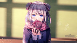 Rule 34 | 1girl, bento, blue eyes, blue jacket, blurry, blurry background, blush, box, box of chocolates, chalkboard, character request, chocolate, commentary, crying, crying with eyes open, double bun, hair bun, hair ribbon, hands up, holding, indoors, jacket, long hair, long sleeves, musubime, pink hair, pink ribbon, pink scarf, ragi (diabolik angle), ribbon, scarf, school, shadow, sleeves past wrists, solo, symbol-only commentary, tears, upper body, valentine, virtual youtuber