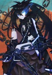 Rule 34 | 1girl, absurdres, between legs, black coat, black footwear, black gloves, black hair, black rock shooter, black rock shooter (character), black shorts, blue eyes, boots, chain, closed mouth, coat, flaming eye, gloves, hair between eyes, hand between legs, hand on own knee, highres, hood, hood down, hooded coat, knee boots, kotou192, long hair, long sleeves, midriff, navel, open clothes, open coat, short shorts, shorts, sitting, solo, star (symbol), star print, stomach, twintails, very long hair