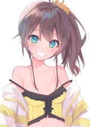 Rule 34 | 1girl, absurdres, bare shoulders, blouse, blush, breasts, brown hair, camisole, clenched teeth, commentary request, frilled camisole, frills, green eyes, hair ornament, hair scrunchie, highres, hololive, looking at viewer, natsuiro matsuri, natsuiro matsuri (matsuri&#039;s day off), open clothes, open shirt, scrunchie, shirt, side ponytail, simple background, small breasts, smile, solo, sonoji, teeth, virtual youtuber, white background, yellow scrunchie