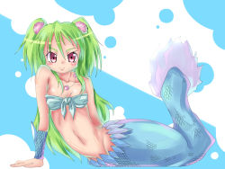Rule 34 | fins, fish tail, green hair, highres, jewelry, kanwa, long hair, lying, mermaid, midriff, monster girl, muromi-san, namiuchigiwa no muromi-san, necklace, open mouth, red eyes, scales, seashell, shell, smile, solo, tail, twintails, two side up