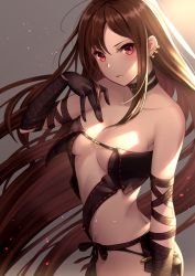 Rule 34 | 1girl, arm strap, bare shoulders, black dress, breasts, brown hair, center opening, choker, closed mouth, collarbone, commentary request, cowboy shot, dress, ear piercing, elbow gloves, fate/grand order, fate (series), gloves, gradient background, grey background, jewelry, long hair, looking at viewer, medium breasts, miyasaka so, navel, piercing, red eyes, revealing clothes, side-tie dress, solo, sparks, standing, strapless, strapless dress, very long hair, yu mei-ren (fate)