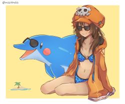 Rule 34 | 1girl, absurdres, bikini, blue bikini, breasts, closed mouth, dolphin, guilty gear, highres, hood, hoodie, inflatable dolphin, inflatable toy, may (guilty gear), mil17459623, navel, orange headwear, orange hoodie, palm tree, skull and crossbones, small breasts, smile, solo, sunglasses, swimsuit, tinted eyewear, tree