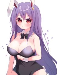 Rule 34 | 1girl, alternate costume, animal ears, bare shoulders, black bow, bow, bowtie, breasts, cleavage, detached collar, large breasts, leotard, long hair, one-hour drawing challenge, purple hair, rabbit ears, red eyes, reisen udongein inaba, siomi 403, solo, touhou, very long hair