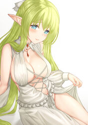 Rule 34 | 1girl, absurdres, bare shoulders, blue eyes, blush, breasts, center opening, choujin koukousei-tachi wa isekai demo yoyuu de ikinuku you desu!, clothes lift, elf, frilled shirt, frills, gem, green hair, hair ribbon, half updo, highres, kangbus, large breasts, lifted by self, lilulu (choyoyu), long hair, looking at viewer, navel, no bra, no panties, pointy ears, revealing clothes, ribbon, shirt, side slit, sideboob, sideless outfit, simple background, skirt, skirt lift, skirt set, solo, thighs, very long hair, white background, white ribbon, white shirt, white skirt